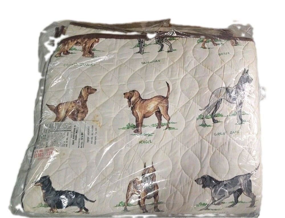 Vintage Dog Breed Quilt Twin 72x84 NOS All Cotton Unopened Tunica Mfg Foxing...